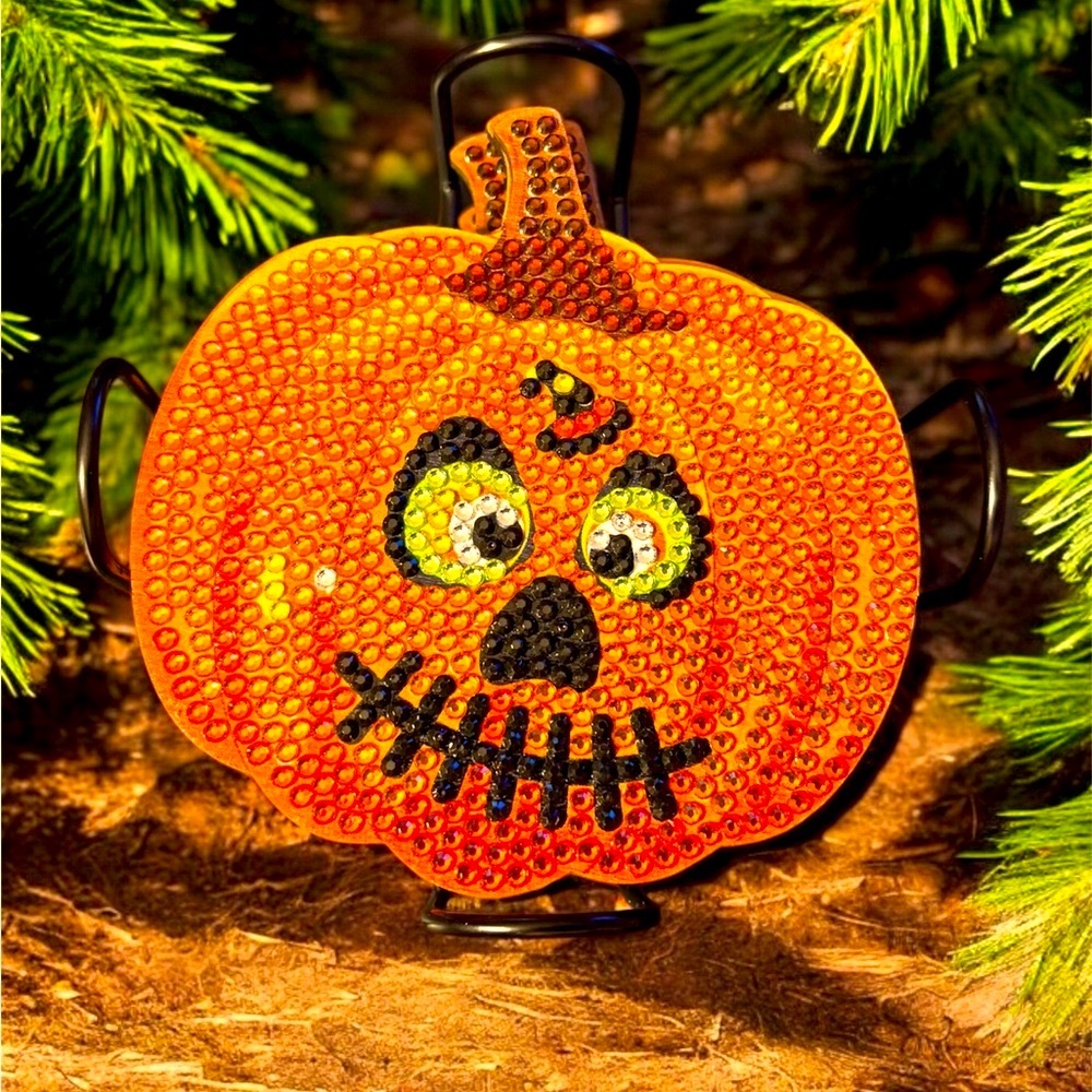 Coasters Pumpkin Funny Faces Set of 10 w/Holder Hand Crafted Sealed Diamond Art